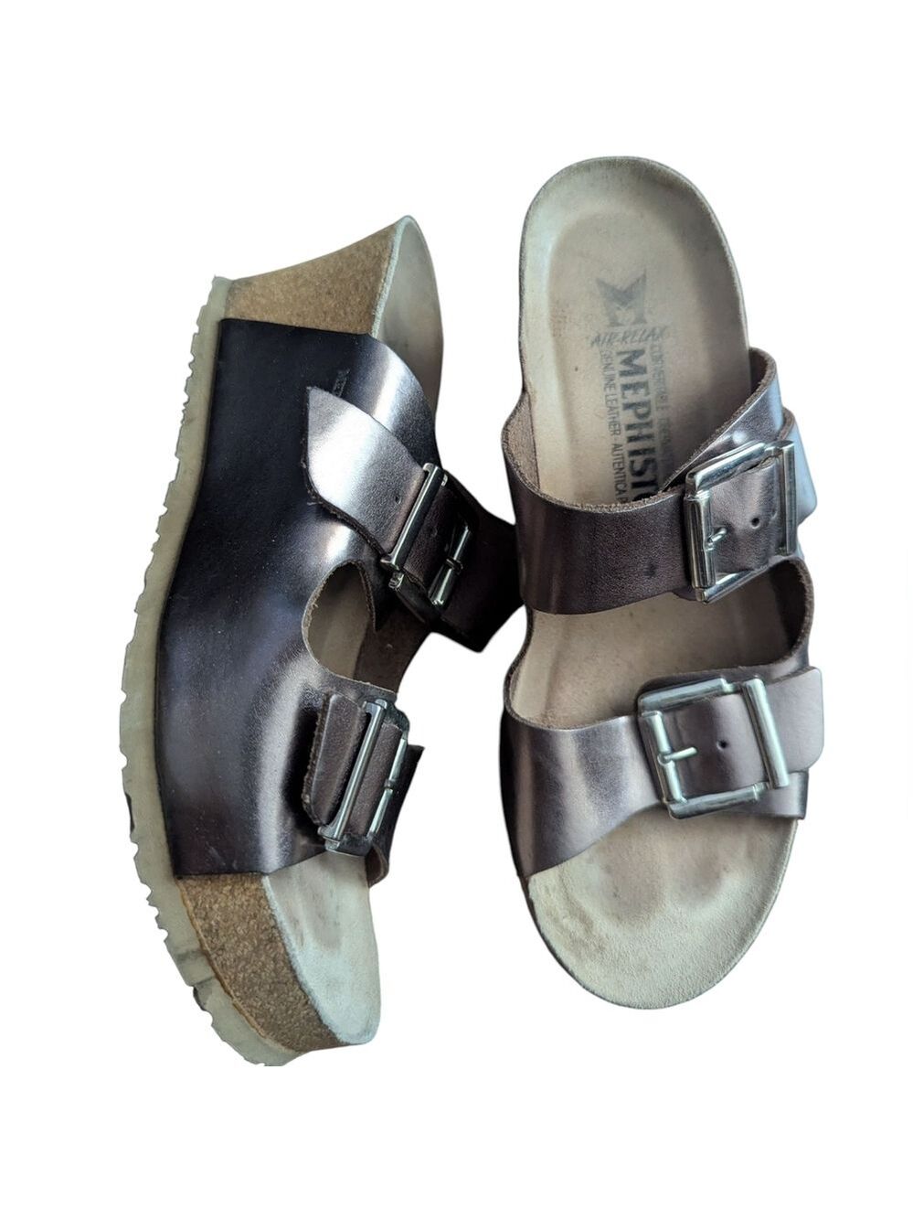 Mephisto Shiny Bronze Buckle Wedge Sandals